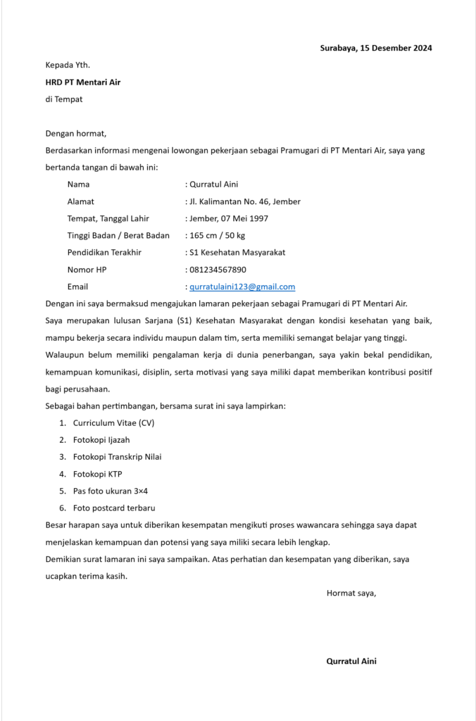 Contoh Surat Lamaran Kerja Pramugari Terbaru